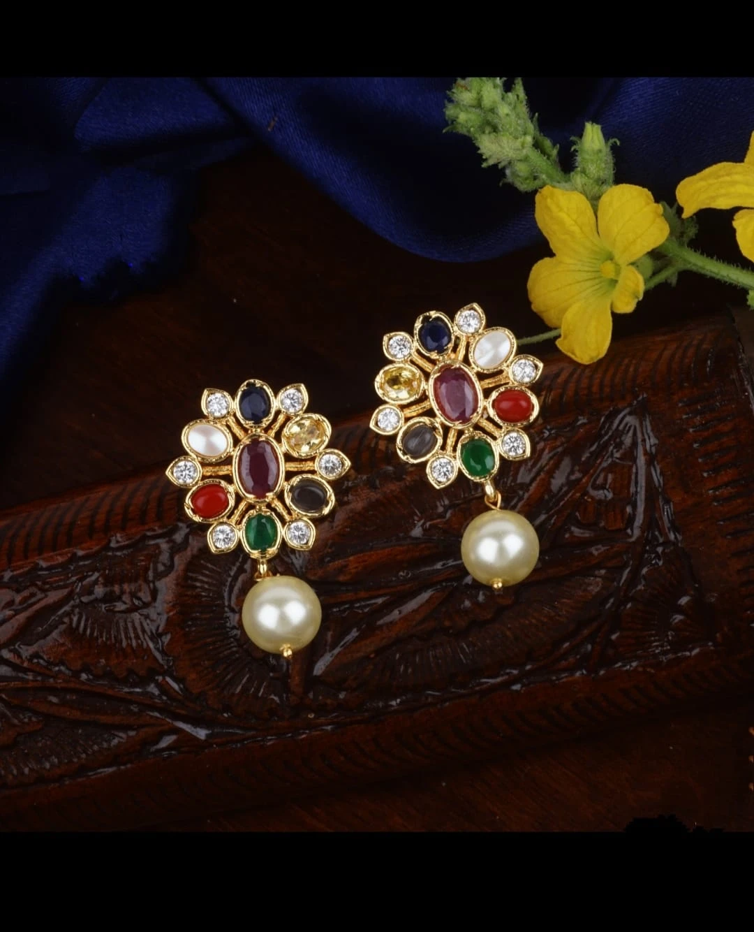 Multicolor Floral Gold Covering Pearl Earrings