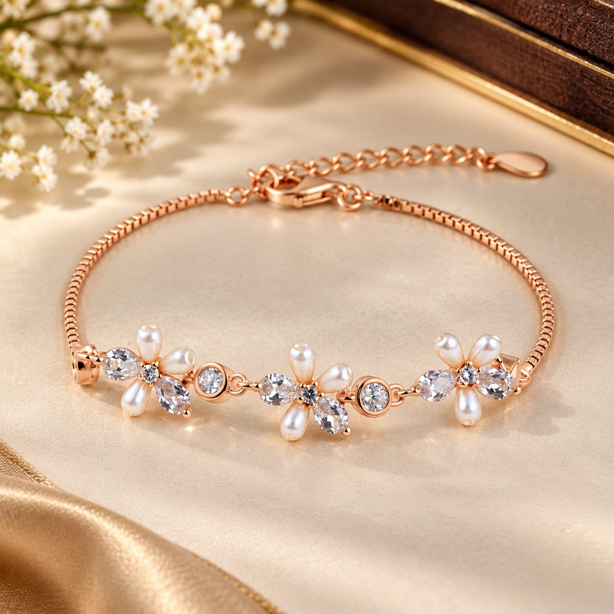 Rose Gold Floral Pearl & Crystal Bracelet